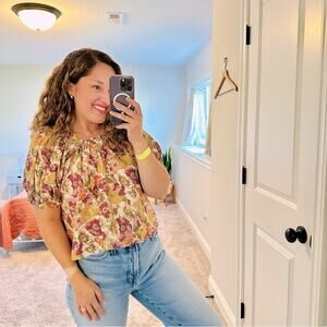 THE GREAT. Purple Green Floral Silk Ruched Blouse Top Small